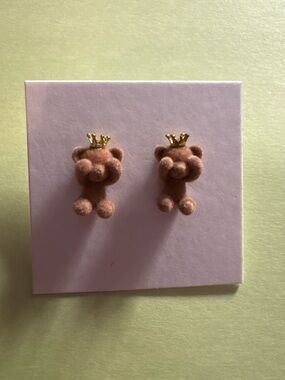 Fuzzy Brown Bear Crown Stud Earrings
